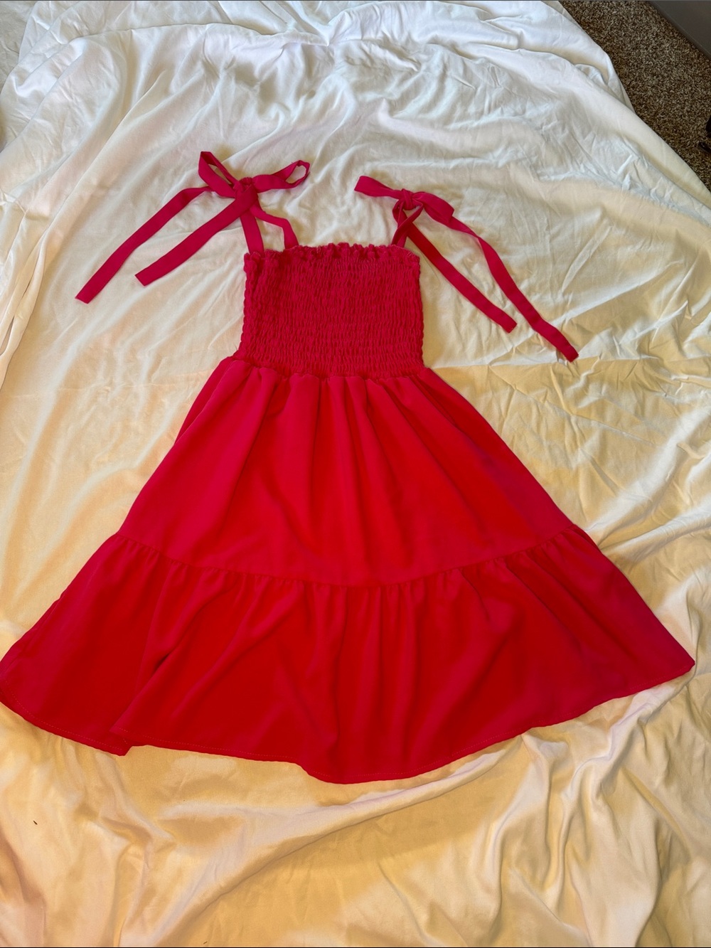 SHEIN Hot Pink Tie-Shoulder Smocked Sundress